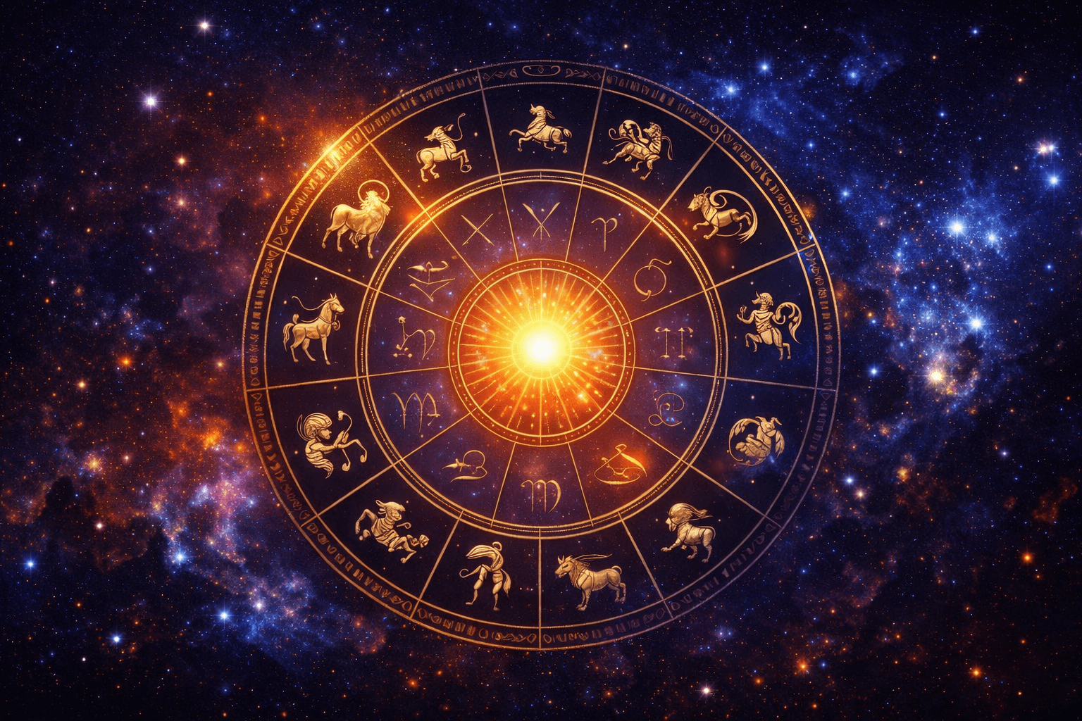 Astrology wheel and cosmic sky symbolizing planetary cycles and life phases