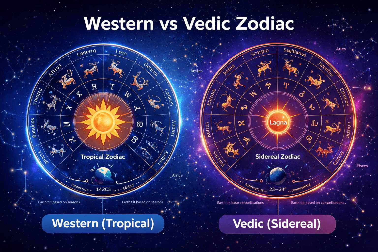Western vs Vedic zodiac comparison showing tropical and sidereal zodiac systems